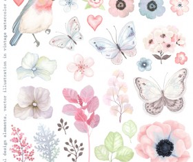 Elegant flower with butterfly and bird watercolor vector