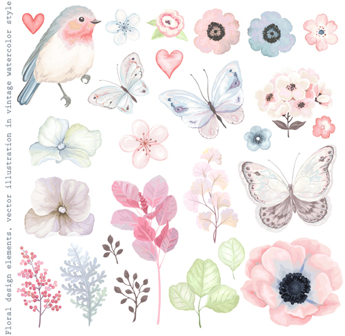 Elegant flower with butterfly and bird watercolor vector
