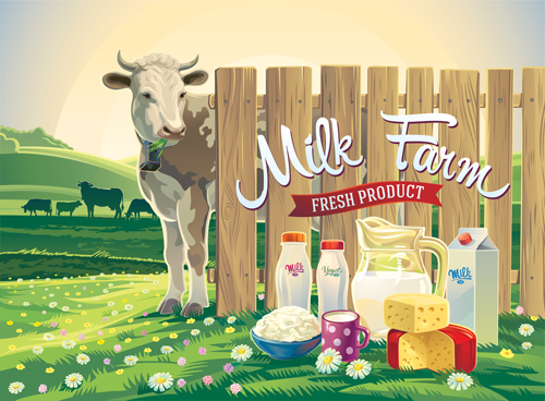 Farm landscape with milk product vector material 01