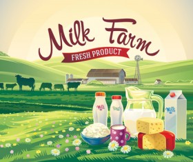 Farm landscape with milk product vector material 02