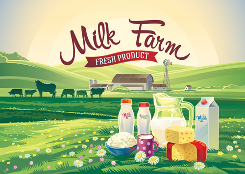 Farm landscape with milk product vector material 02