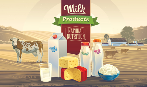 Farm landscape with milk product vector material 03
