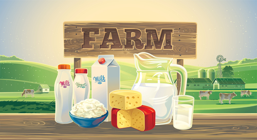 Farm landscape with milk product vector material 04