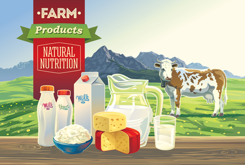 Farm landscape with milk product vector material 05