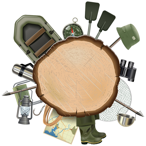 Fishing tackle with wooden board vector