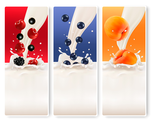 Fruits with splash milk vector banner 01
