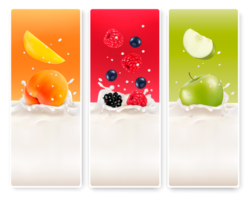 Fruits with splash milk vector banner 02