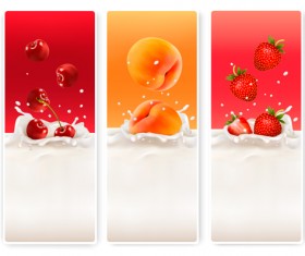 Fruits with splash milk vector banner 03