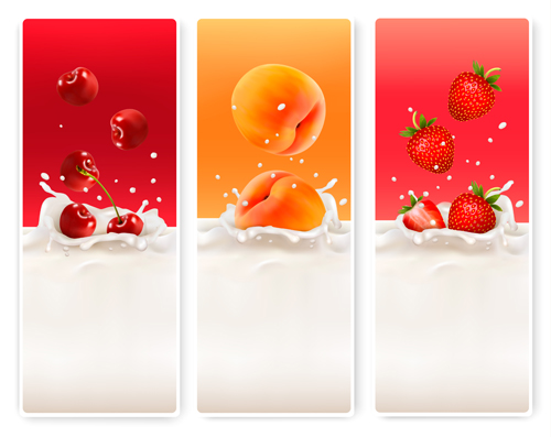 Fruits with splash milk vector banner 03