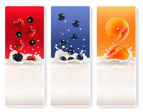 Fruits with splash milk vector banner 04