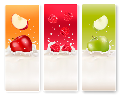 Fruits with splash milk vector banner 05