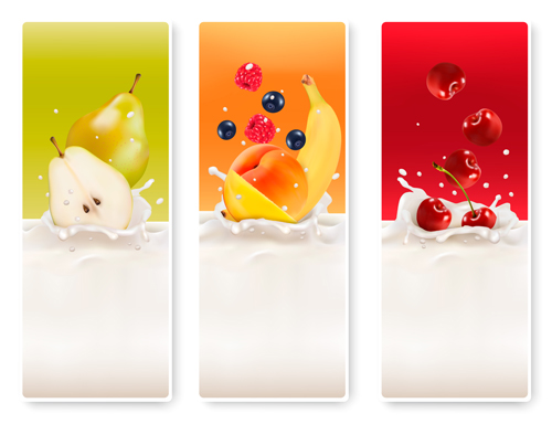 Fruits with splash milk vector banner 06