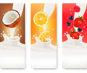 Fruits with splash milk vector banner 07