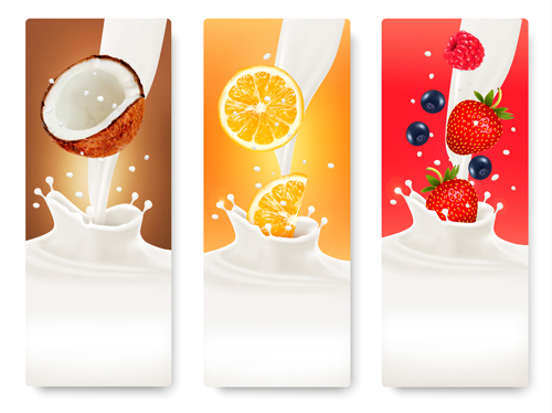 Fruits with splash milk vector banner 07