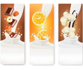 Fruits with splash milk vector banner 08