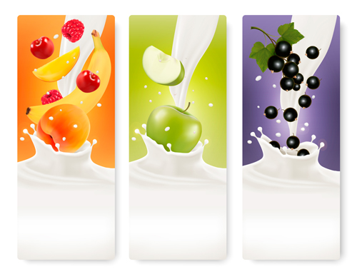 Fruits with splash milk vector banner 09