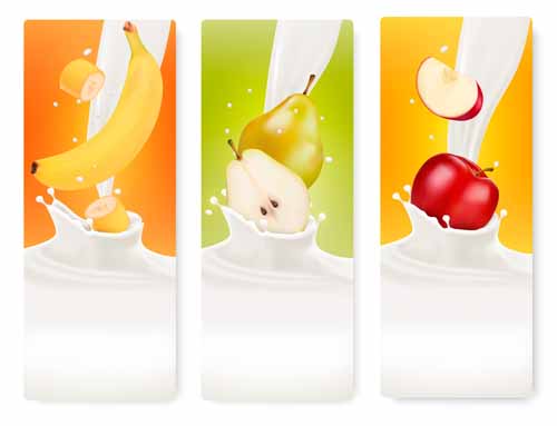 Fruits with splash milk vector banner 10