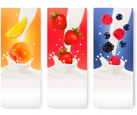 Fruits with splash milk vector banner 11