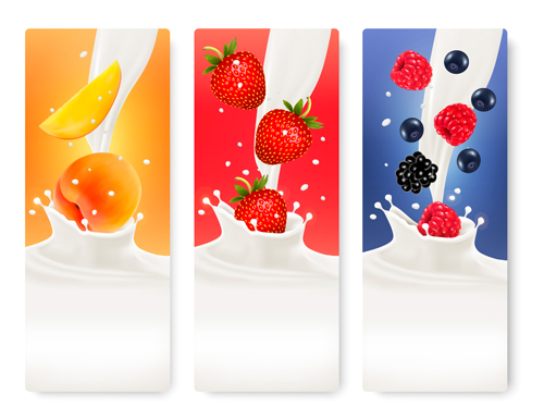 Fruits with splash milk vector banner 11