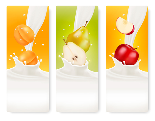 Fruits with splash milk vector banner 14