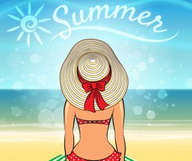 Girl with summer sea and beach vector background 01