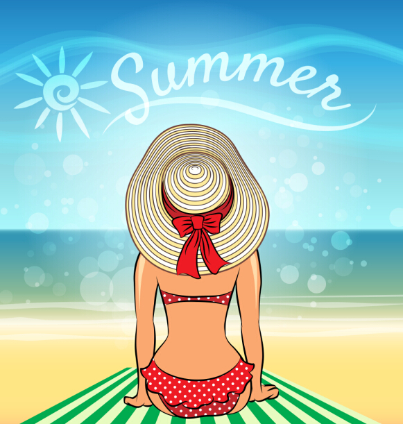Girl with summer sea and beach vector background 01