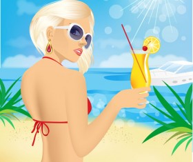 Girl with summer sea and beach vector background 02