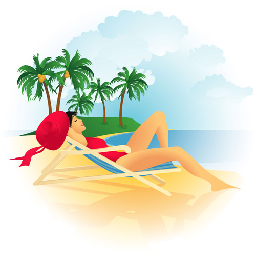 Girl with summer sea and beach vector background 03