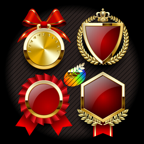 Golden medals with red labels vector