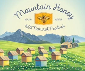 Honey with farm landscape vector 02
