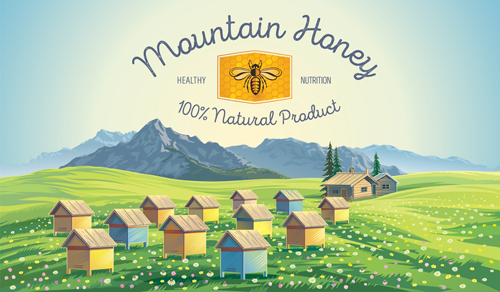 Honey with farm landscape vector 02