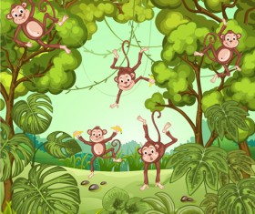 Jungle with monkeys cartoon vector