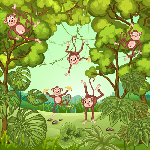 Jungle with monkeys cartoon vector
