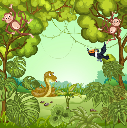 Jungle with wild animals cartoon vector 03
