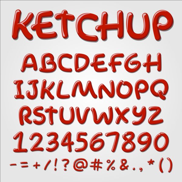 Ketchup alphabet with numbers and sign vector 01