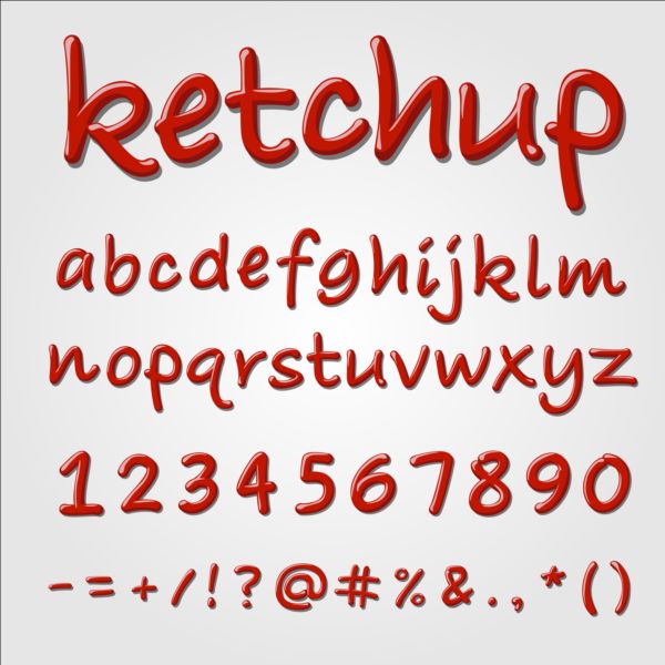 Ketchup alphabet with numbers and sign vector 02