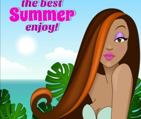 Long-haired girl with summer background vector 01