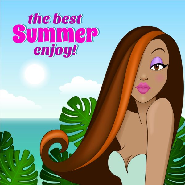Long-haired girl with summer background vector 01