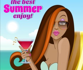 Long-haired girl with summer background vector 02