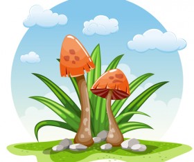Mushrooms and cloud white round background vector 01