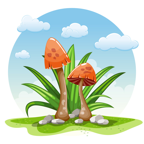 Mushrooms and cloud white round background vector 01