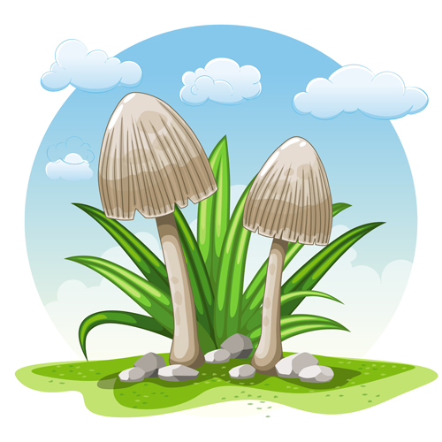 Mushrooms and cloud white round background vector 02