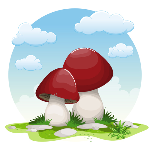 Mushrooms and cloud white round background vector 03