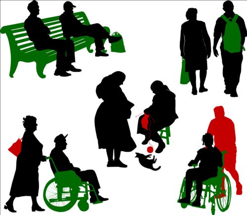 Old people with disabled persons silhouette vector 06