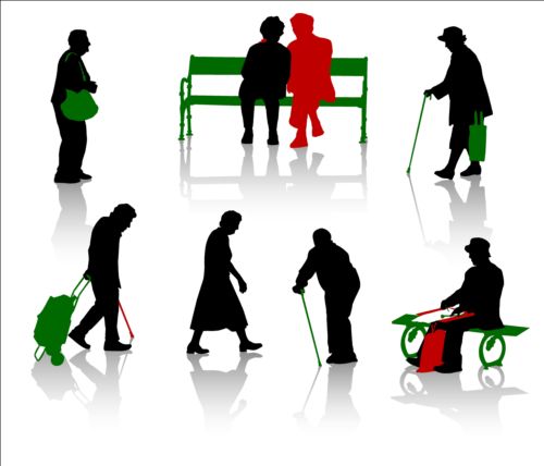 Old people with disabled persons silhouette vector 07