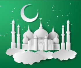 Paper mosque with ramadan kareem background vector 01