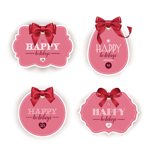 Pink holiday cards with red bow vector 01