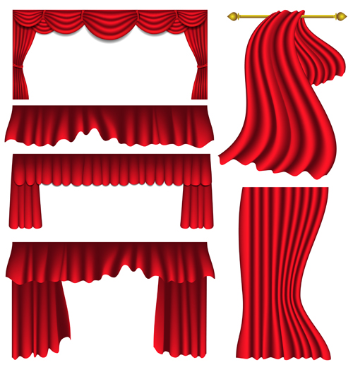 Red silk curtains design vector set 07
