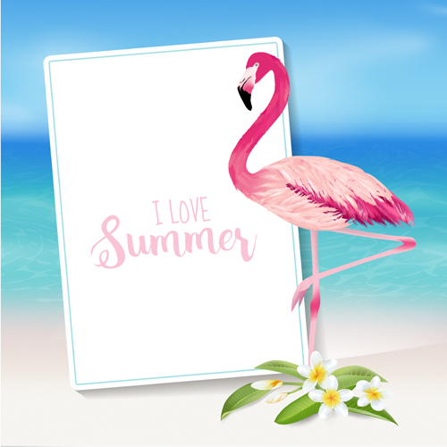 Sea and plumeria with flamingo background vector 02
