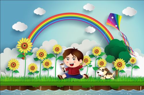 Sunflower and boy with rainbow vector